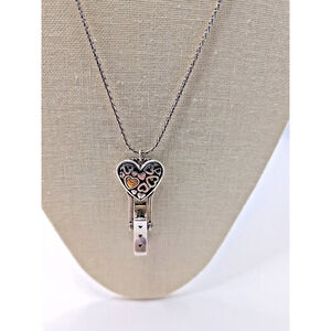 Vintage Brighton Necklace Clip Lariat Pass Card ID Badge Holder Silver Heart 36"